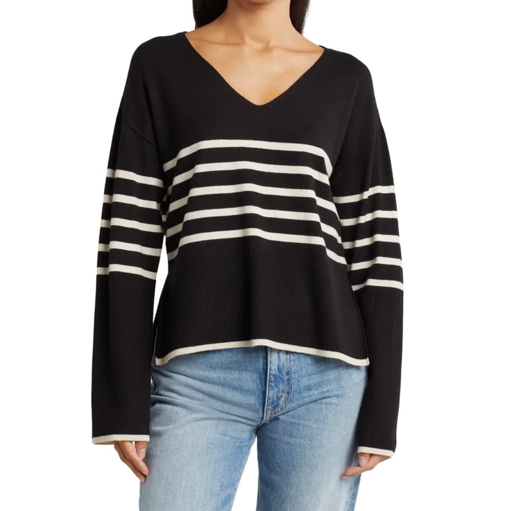 Vero Moda Women's Happiness Stripe V-Neck Black Wide Sleeve Sweater L Large New
